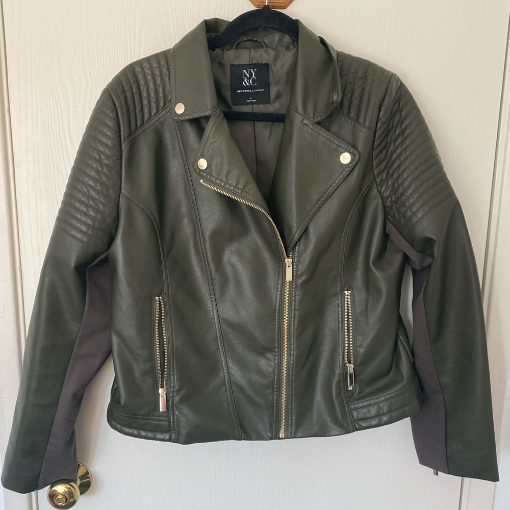 Military green Faux-Leather Moto Jacket